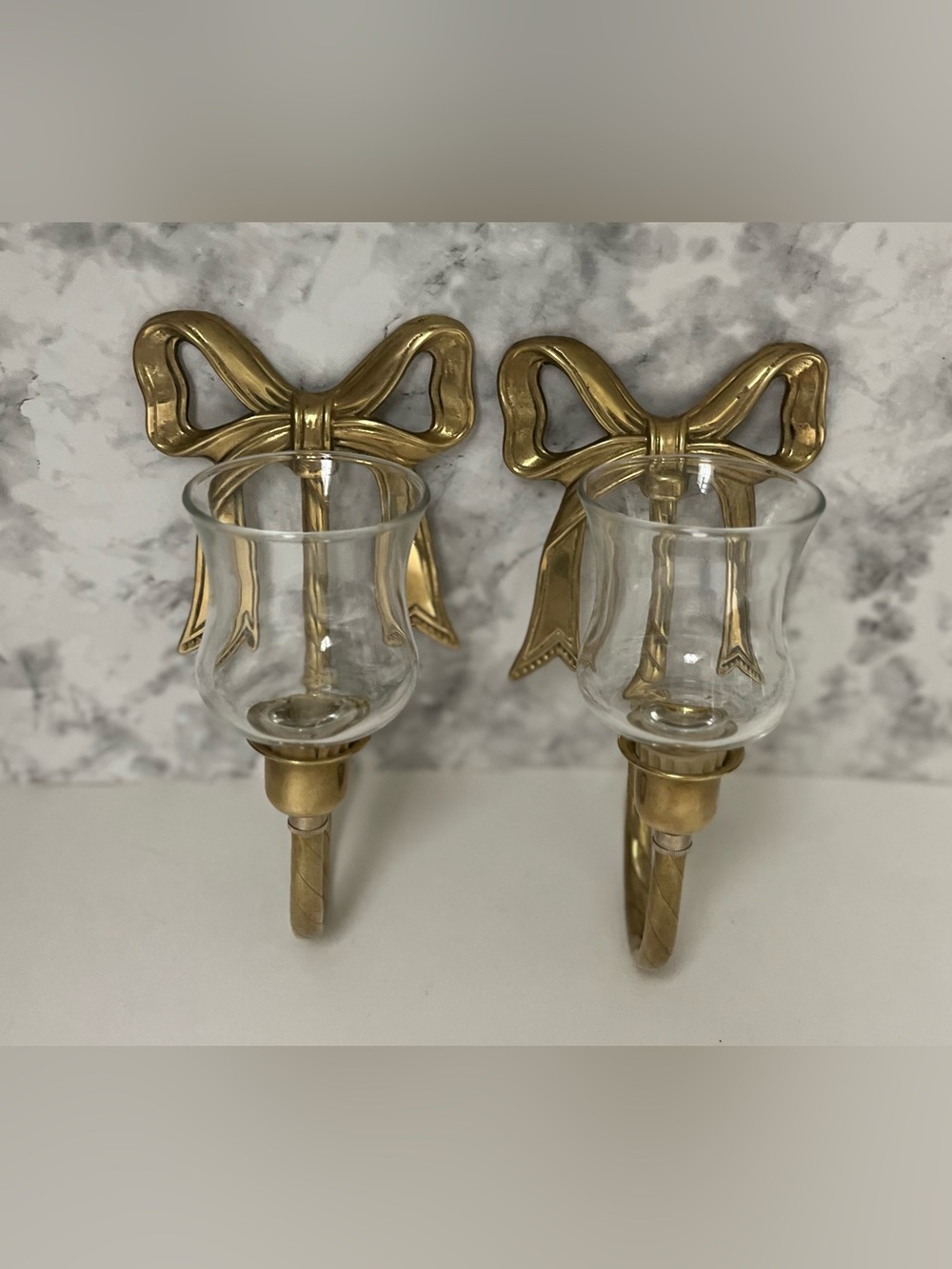 Vintage Brass Bow Wall Sconces with Glass Hurricane Globes